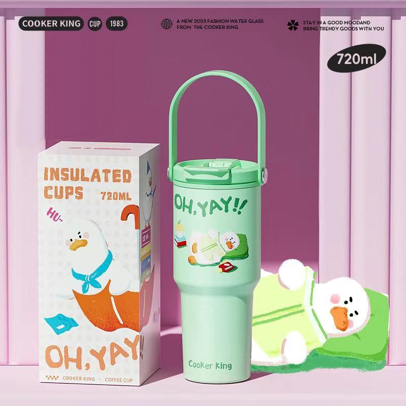 

COOKER KinG 720ML Thermos Cup Cartoon Pattern Insulation Straw Cup 316 Stainless Steel Coffee Mugs Portable Outdoor Water Bottle 701-800ml зелёный