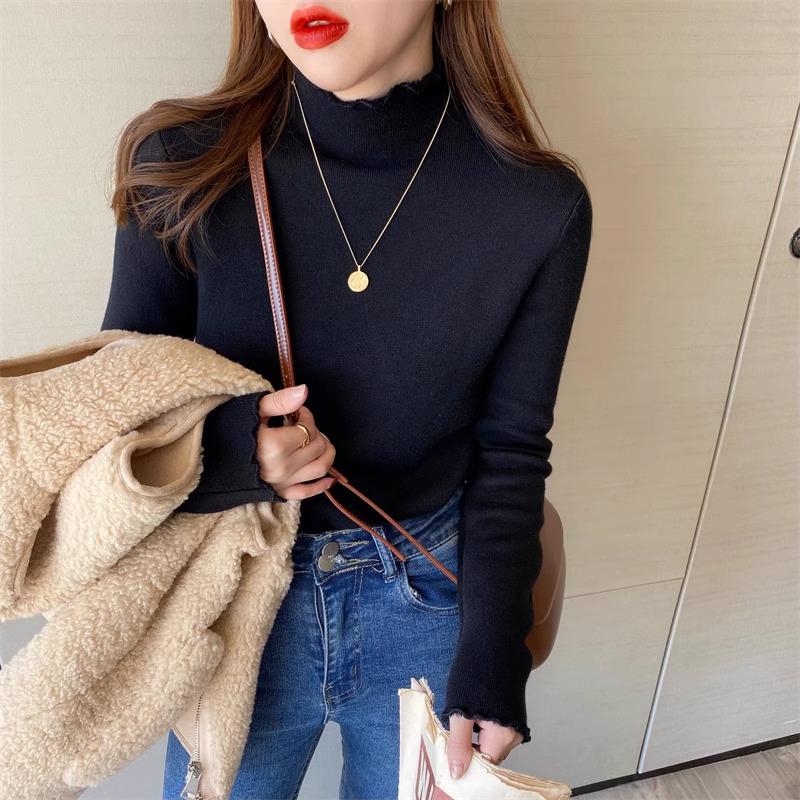 Women's Fleece-Lined Slim-Fit Pullover Sweater: Half-High Collar, Autumn/Winter Base Layer, Hot Item
