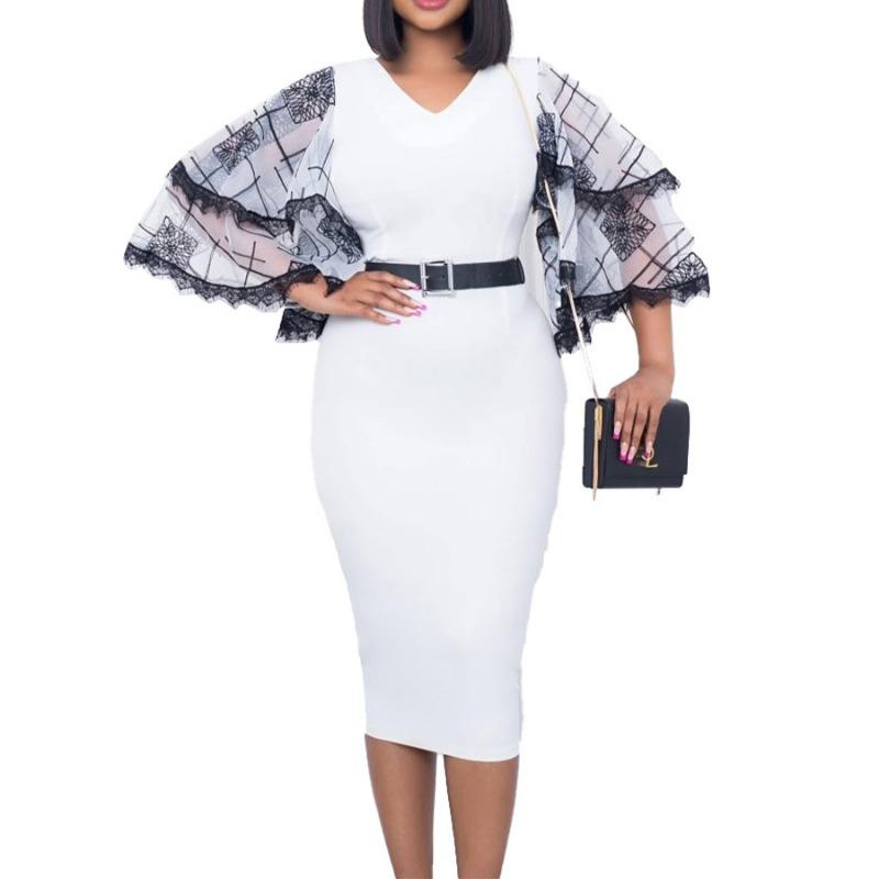 Women's New V-neck Horn Sleeve Hip Wrap Commuter Office Pencil Skirt Dress