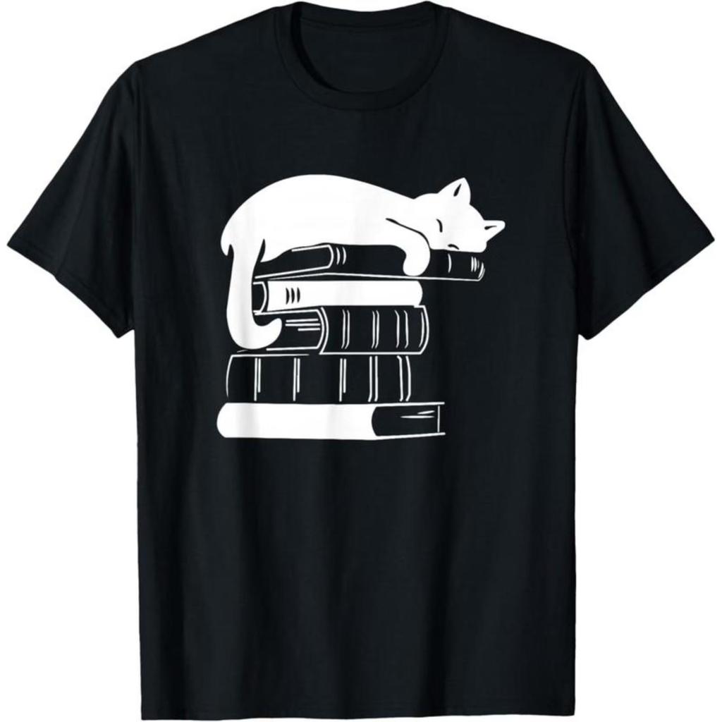Men's Black Cotton T-Shirt Cute Sleeping Cat On Books Graphic Casual Short Sleeve Tee Daily Wea