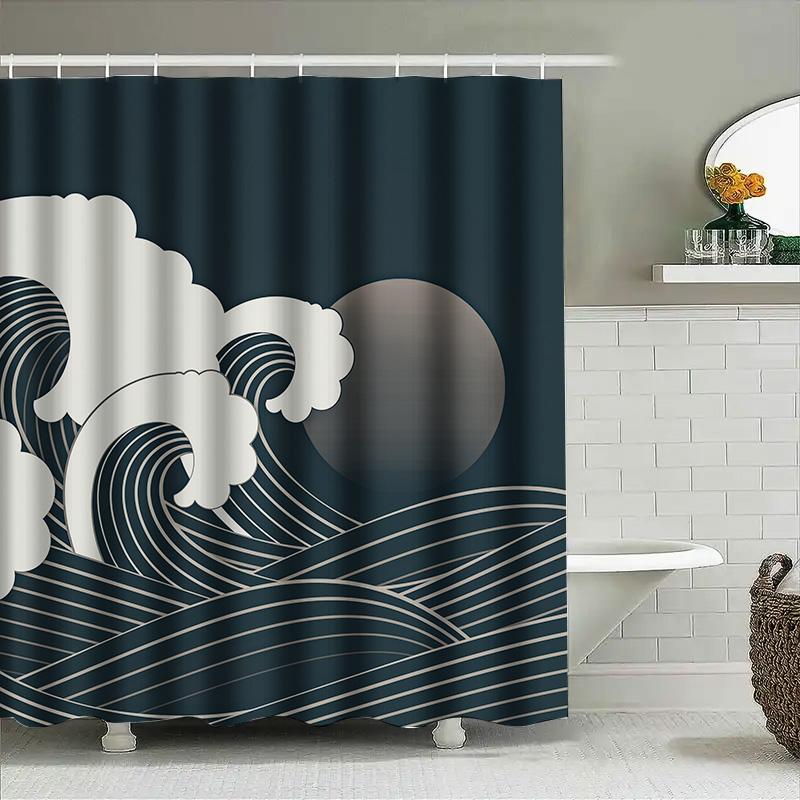 Black White Ocean Wave Shower Curtain Modern Design For Bathroom Decorations Size Customizable For Tub Or Bathtub