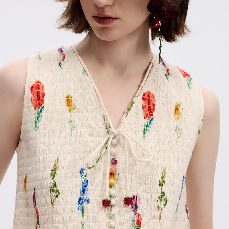 Langzi Cotton V-Neck Sleeveless Floral Top
