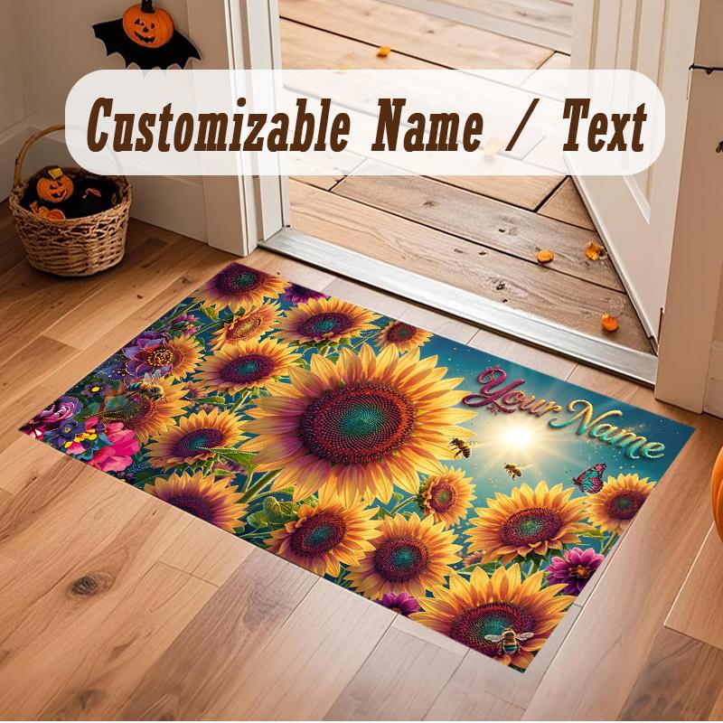 Floral Garden Theme Soft Crystal Velvet Rug Custom Name & Text Print Non Slip Floor Rug for Bedroom Living Room