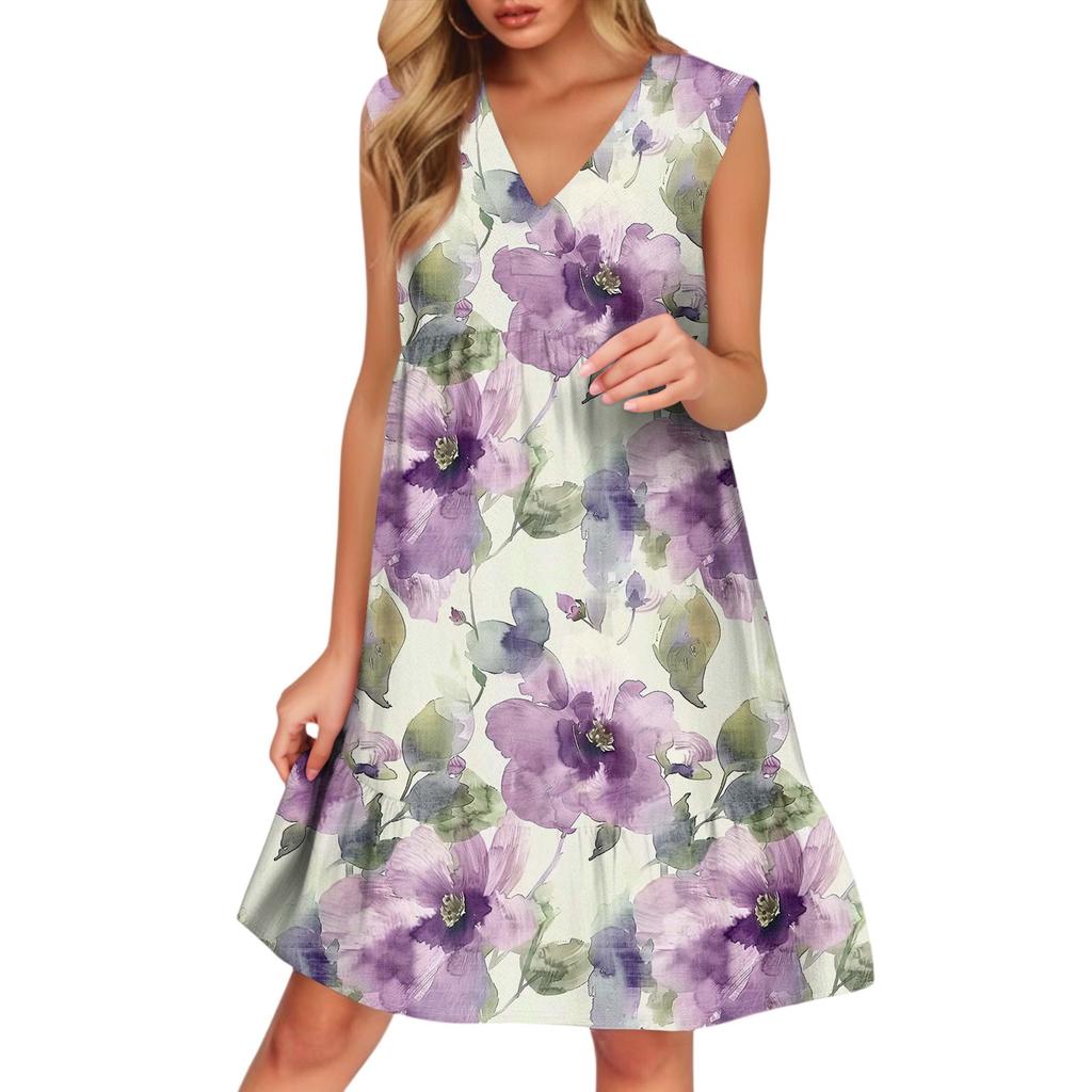 Women's Casual Fashion Breathable V-neck Vest With Pockets Floral Holiday Dress