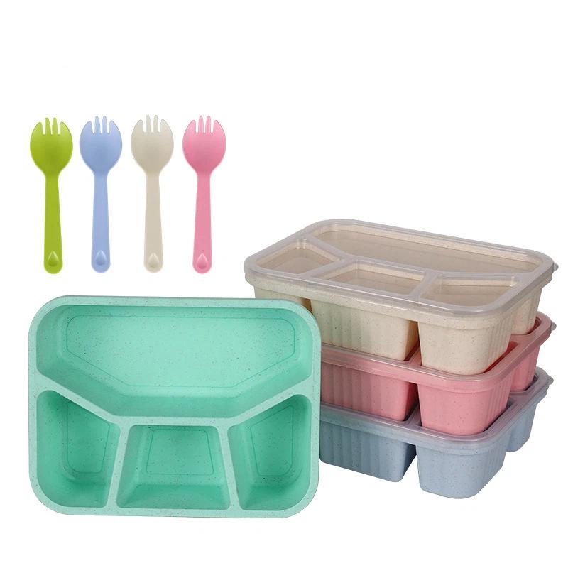 4 Grids Natural Wheat Straw Tableware Lunch Box Dinnerware Storage Biodegradable Unbreakable Plates for Food Salad Snack Student