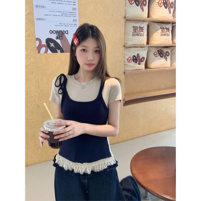 Morning Bloom Patchwork Ruffle Hem Short-Sleeve T-Shirt for Women