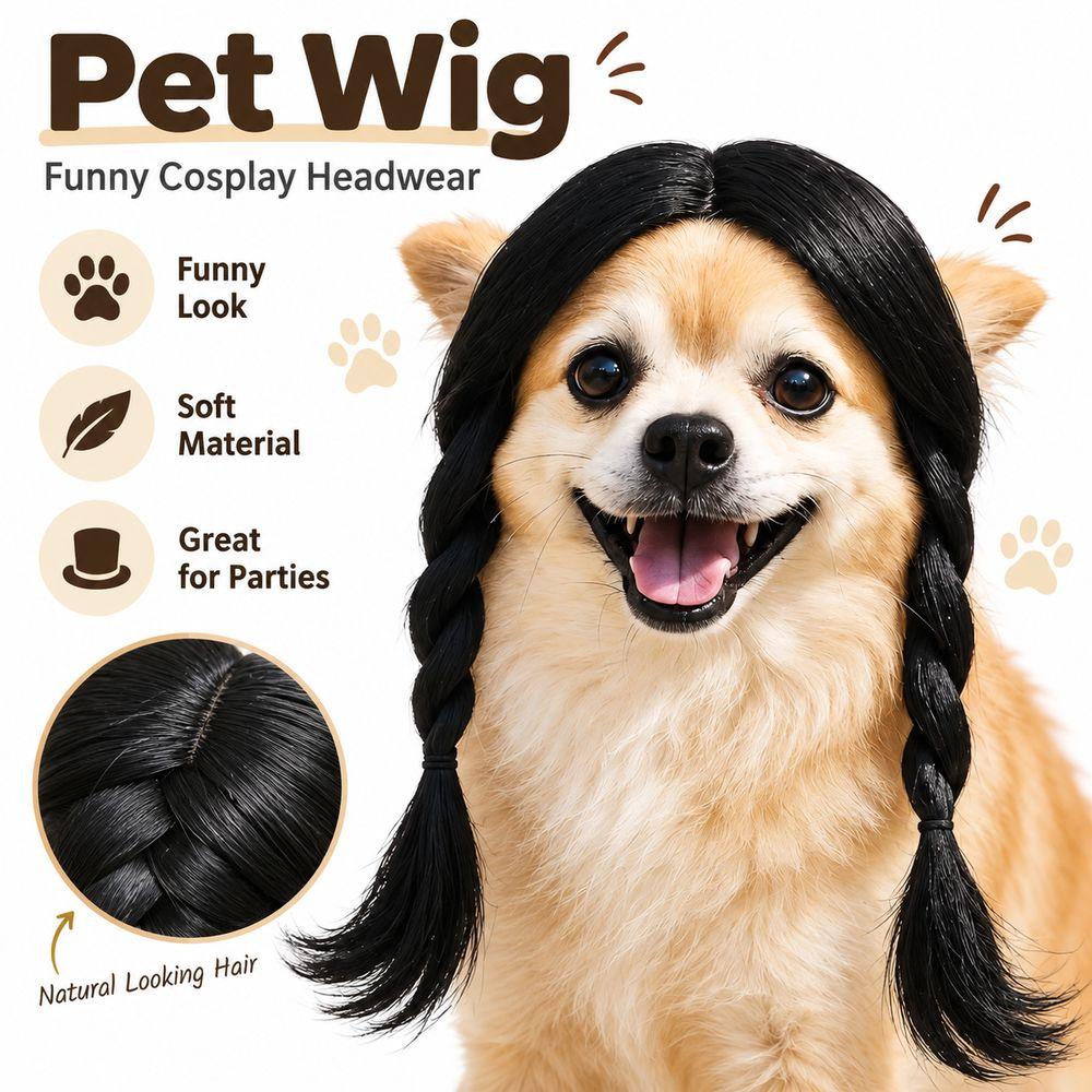 Black Twin Tails Pet Costume Wig Brown Curly Pet Hairpiece Funny Dog Wig  Festival Dress-Up