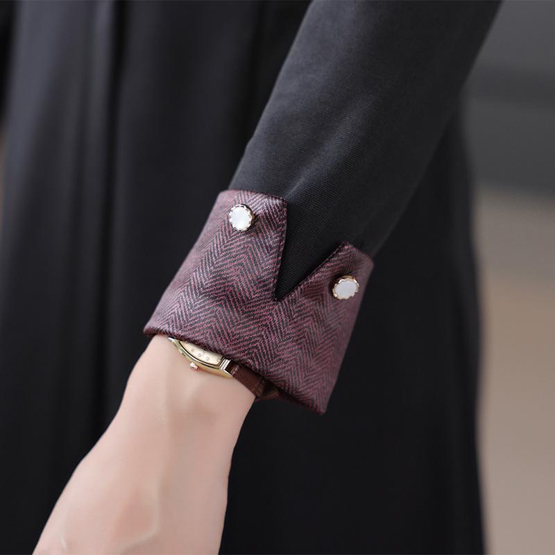 2026 Stylish Patchwork Lapel Dress for Middle-Aged & Elderly Women - Slimming Midi for Spring & Autumn