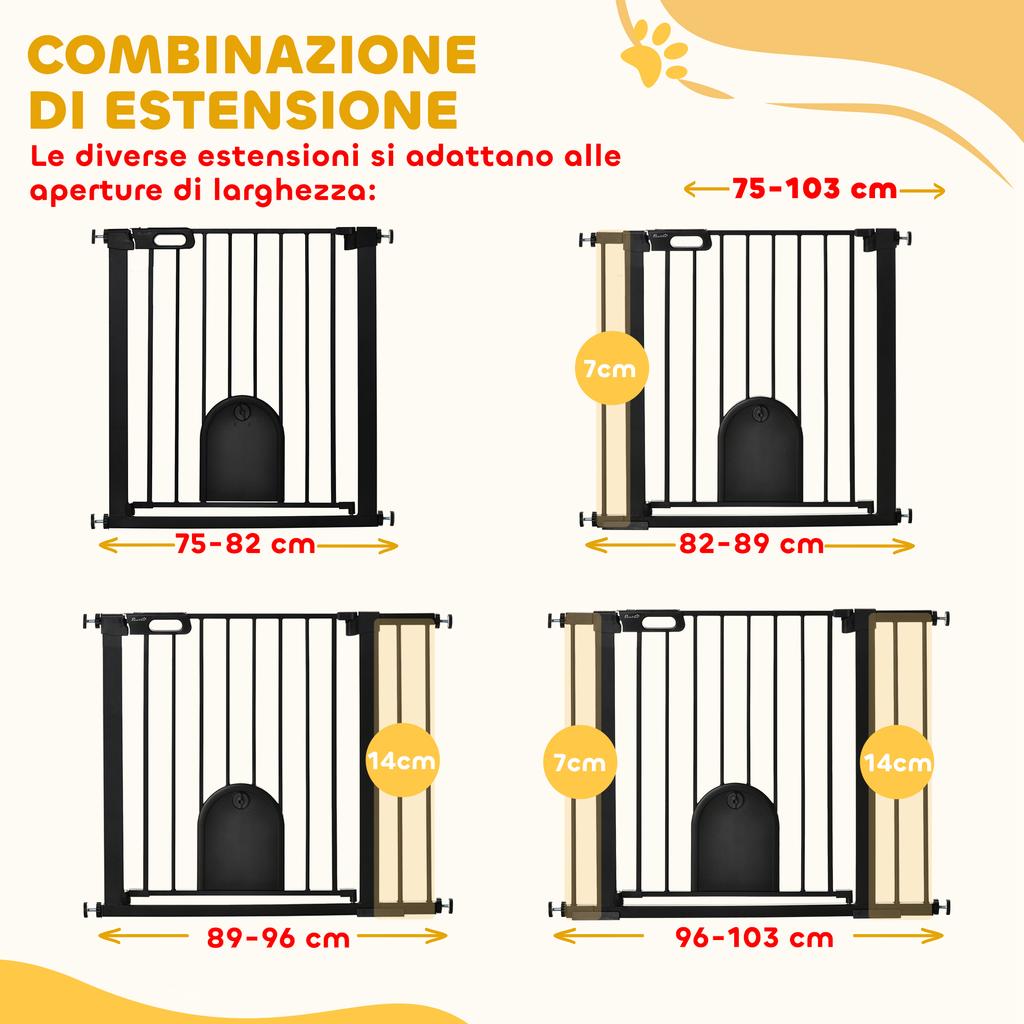 Adjustable Dog Gate with Small Door and Automatic Closure, 75-103x76cm, Black
