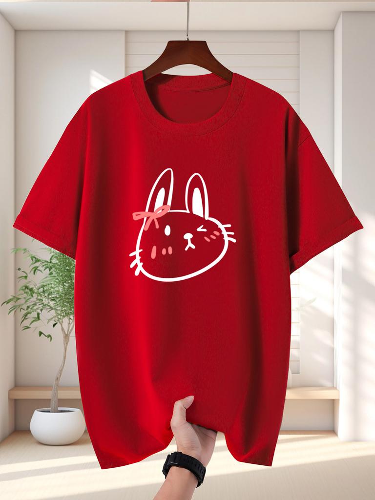 Unisex T Shirt Cute Bunny Pink Bow Graphic Tee Minimalist Line Art Print Short Sleeve O Neck Loose Casual Tops Summer Streetwear