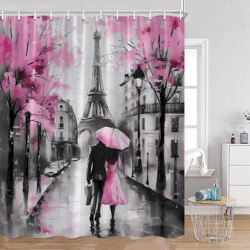 

Pink Fashion Romantic Eiffe Tower Shower Curtain Paris View Dress Pink Cosmetics Bathroom Decor Modern Bath Curtains with Hooks 90x180cm-35x70in
