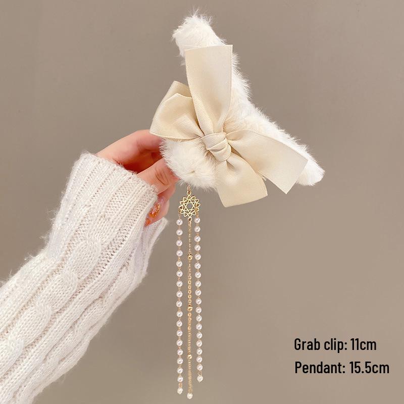 Korean Style Plush Bow Hair Clip with Tassel - Autumn/Winter Women's Hair Accessory