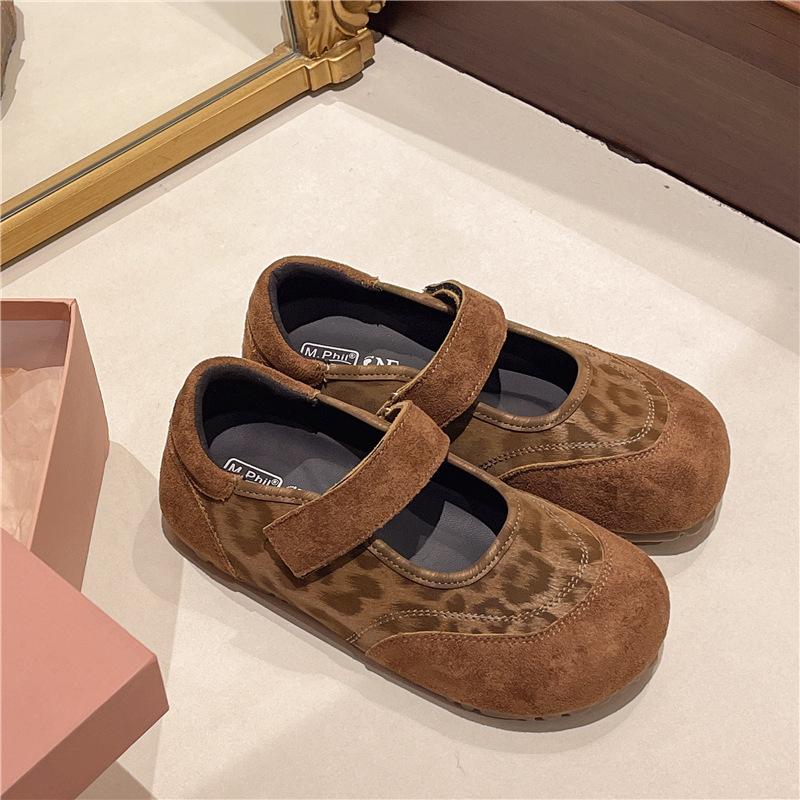 Vintage Leopard Print Single Shoes Women's Spring Super Soft Maternity Shoes Velcro Mary Jane Women's Shoes Platform Beanie Shoes