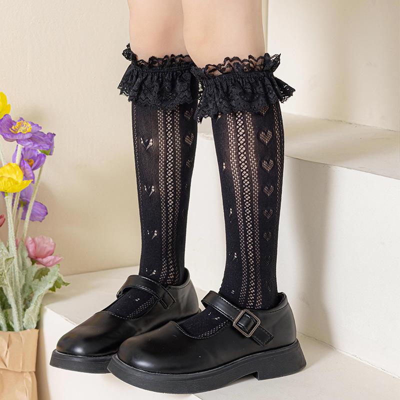 Children's Socks Summer Lolita Wooden Ear Mesh Ribbon Large Bow Mid-tube Socks for Girls