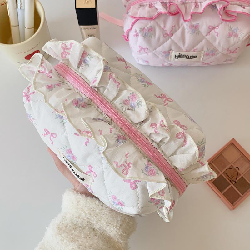 Cute Bow Flower Quilting Cotton Makeup Bag Women Zipper Cosmetic Organizer Female Cloth Handbag Portable Toiletry Case For Girls