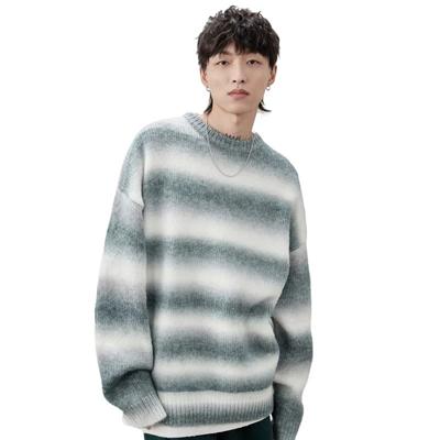 Winter New Men's Wool Sweater Long-sleeved Lazy Wind Loose Sweater Men's Gradual Change Striped Crew Neck Knitted Sweater