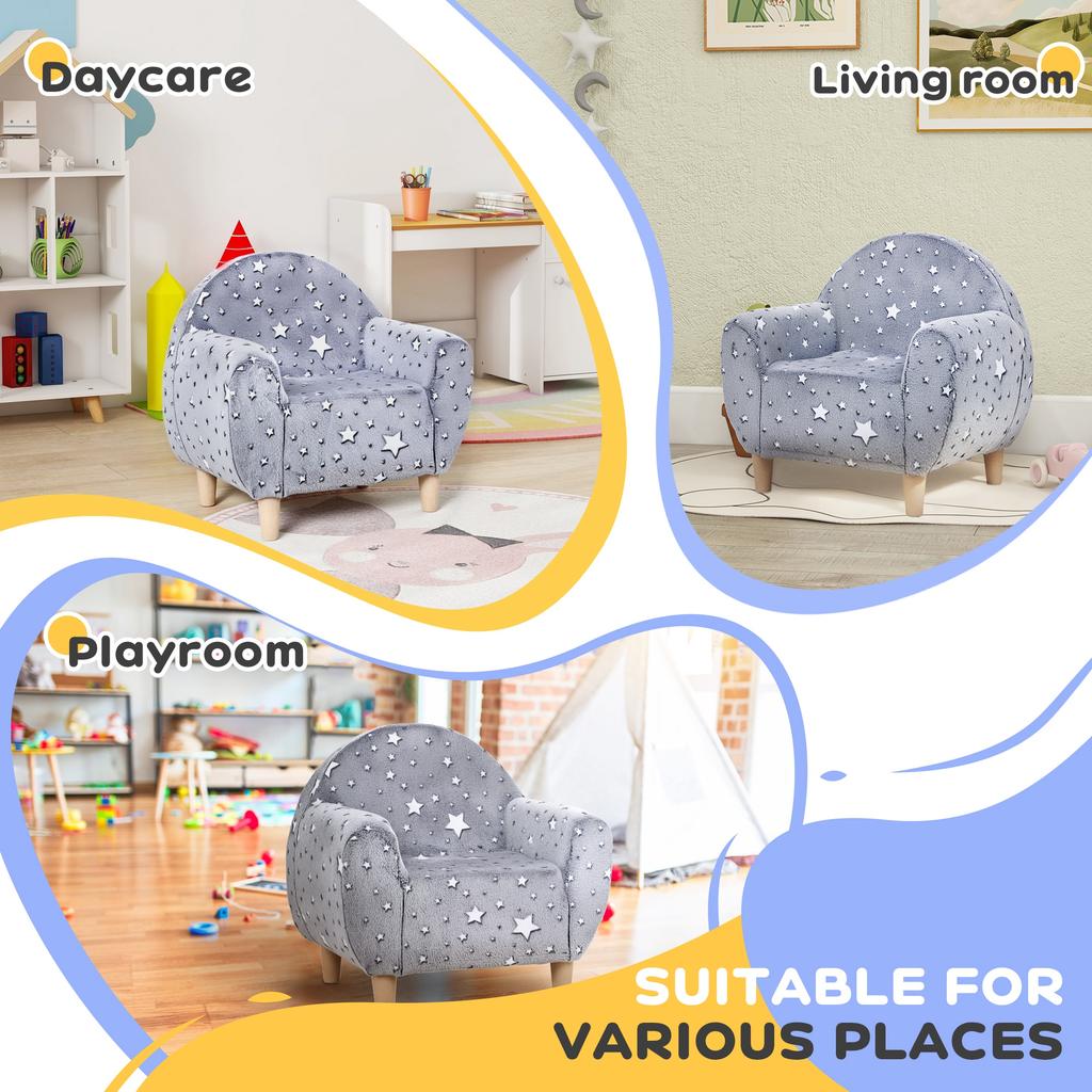 Kids Armchair, Glow In the Dark Chair with Star Design for Bedroom, Playroom, Kids Room, Grey