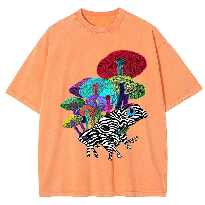 Neon Style Frog With Mushrooms Print Women Washed T-Shirt Loose O-Neck T Shirts Cotton Clothes Vintage Short Sleeves