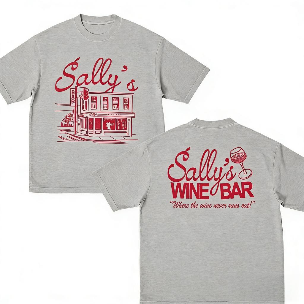 Summer Vintage Y2K Retro Sallys Wine Bar Tshirt for Men Women Fashion Hip Hop Short Sleeve Cotton Casual Top Streetwear Loose