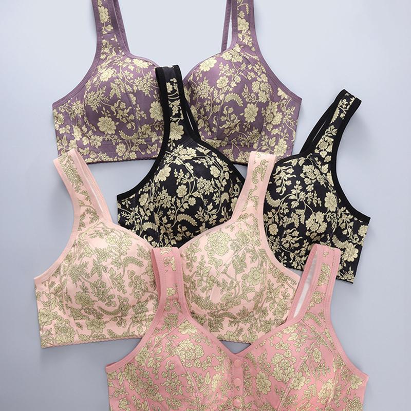 CINOON Women's Plus Size Floral Front Button Wireless Bra Wide Straps No Pad Full Coverage Side Support Comfy Breath Daily Bra L-6XL