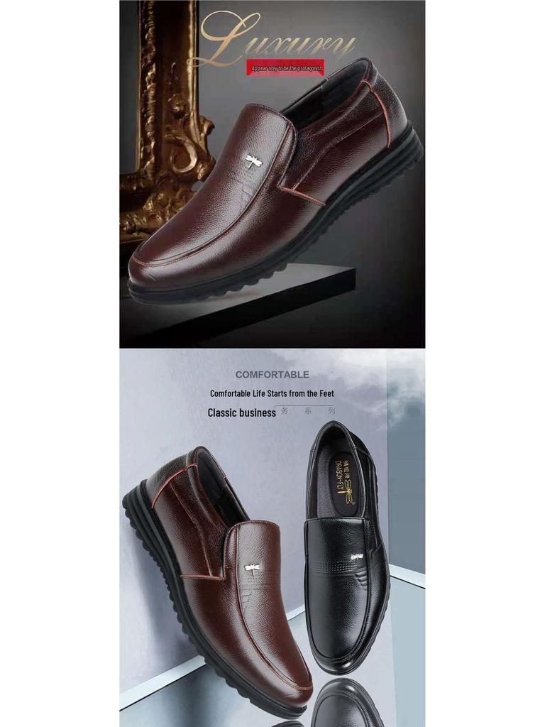 Dragonfly Men's Genuine Leather Business Casual Soft Sole Shoes - Non-Slip Cowhide for Middle-Aged and Elderly.