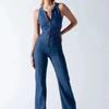 Damen ärmelloser Denim-Jumpsuit mit mittlerer Taille und ausgestelltem Bein Retro Casual Streetwear