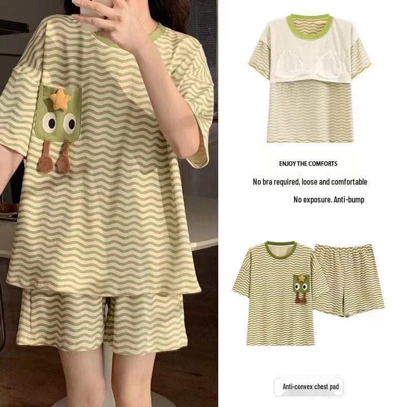 2025 Women's Short-Sleeved Summer Pajamas with Chest Pads - Cute Cartoon Style