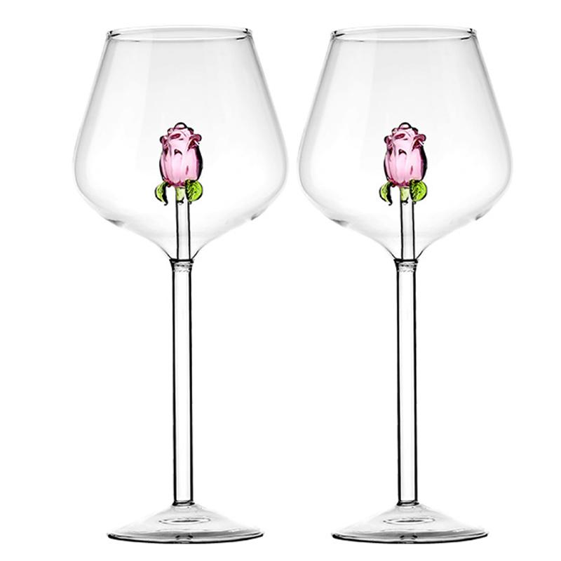 1/2Pcs Creative 3D Rose Red Wine Glasses,Pink Rose Build-In Goblet for Restaurants Parties Bar,Clear Glass Cup Valentine Gifts