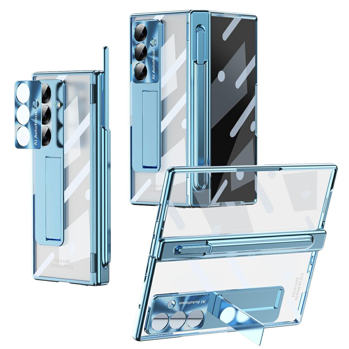 

For Samsung Galaxy Z Fold7 5G Case Magnetic Hinge Electroplated PC Phone Cover with Tempered Glass Film/Stylus Blue