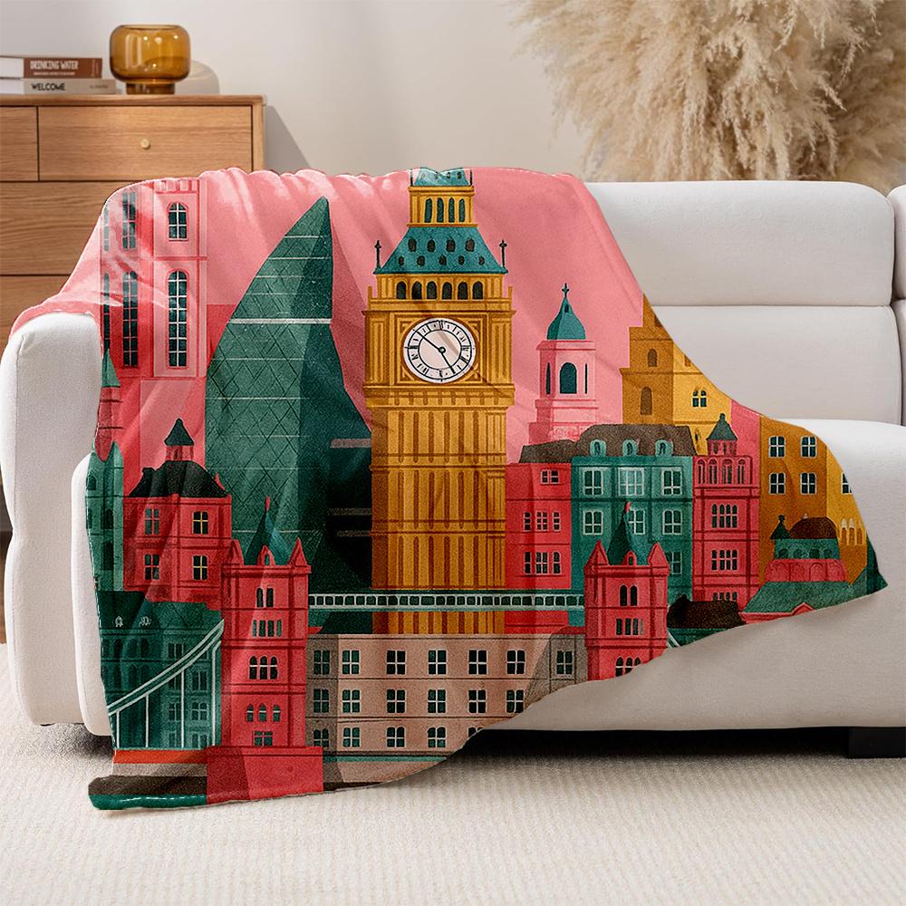 1pc London City Skyline Plush Fleece Blanket - Thick All-Season British Icon Print with Big Ben & Tower Bridge, Soft Bedspread