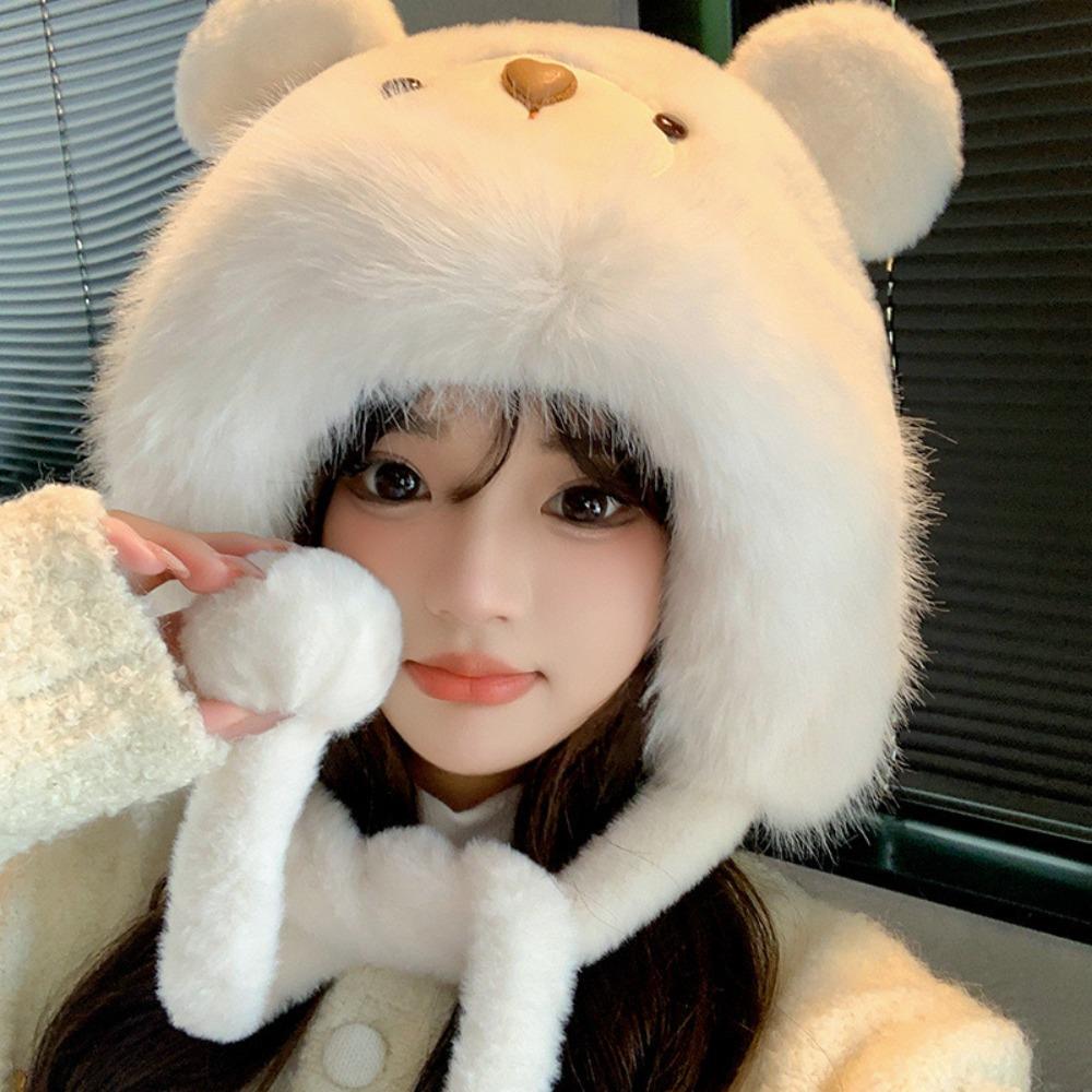 Plush Bear Hat Cute Face Small Windproof Warm Ear Protection Versatile Pullover Hat
