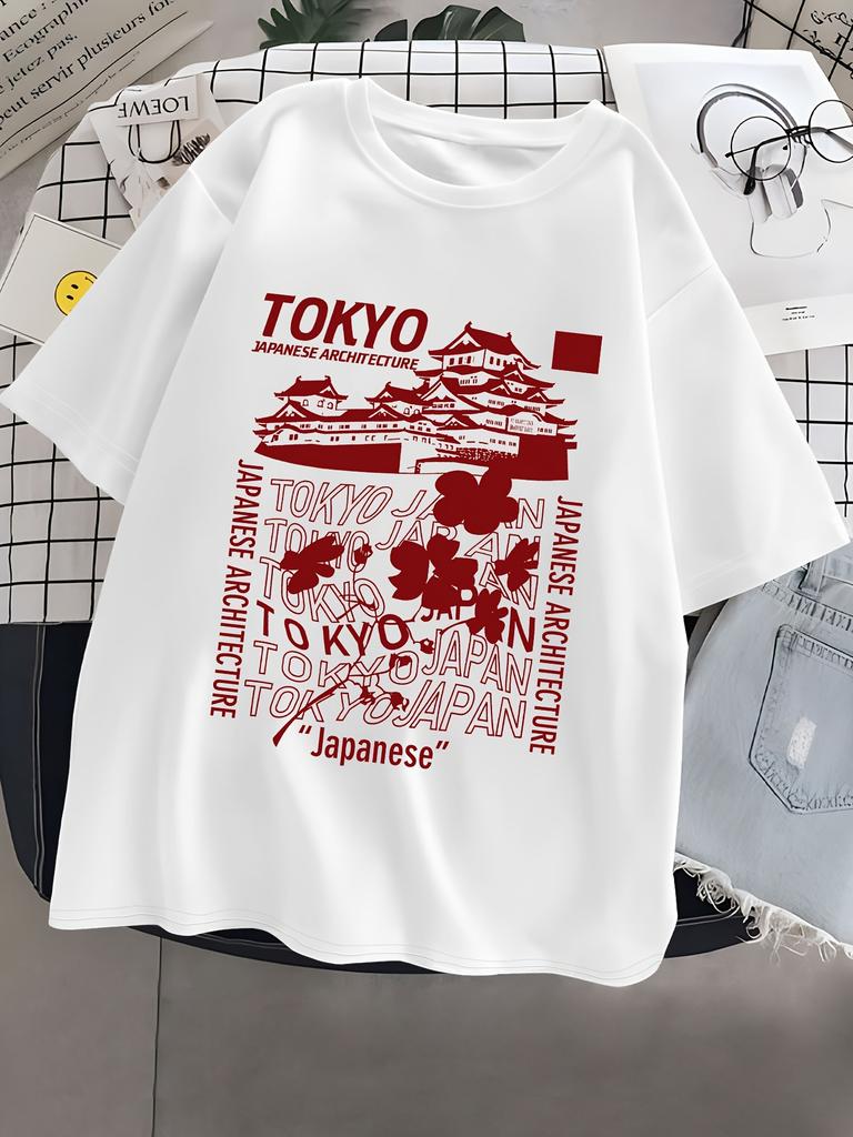 Casual Summer Top for Youngsters Teens Polyester Blend Crew Neck Short Sleeve with Japanese Landmark Print