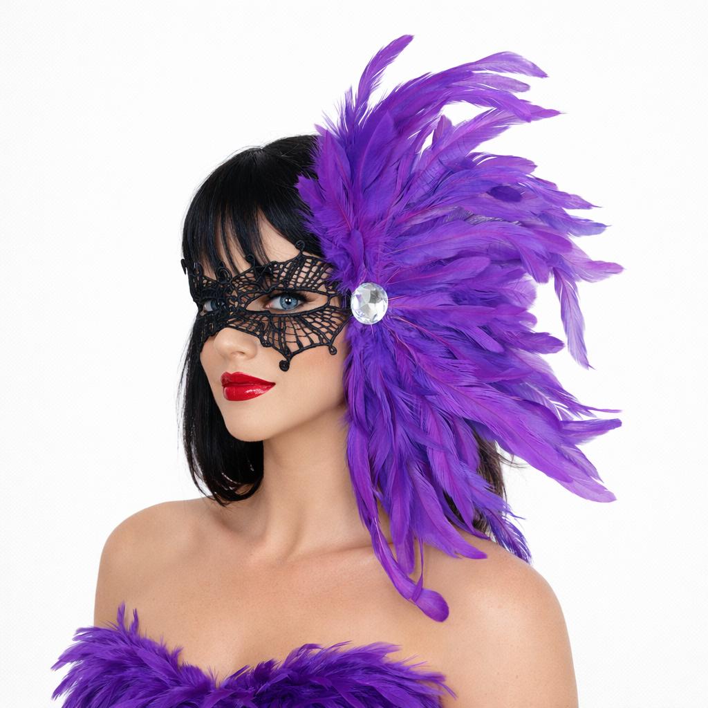 Feather Side Headpiece with Lace Eye Mask for Carnival Parade Masquerade Ball Mardi Gras Party Samba Dance Costume Outfit