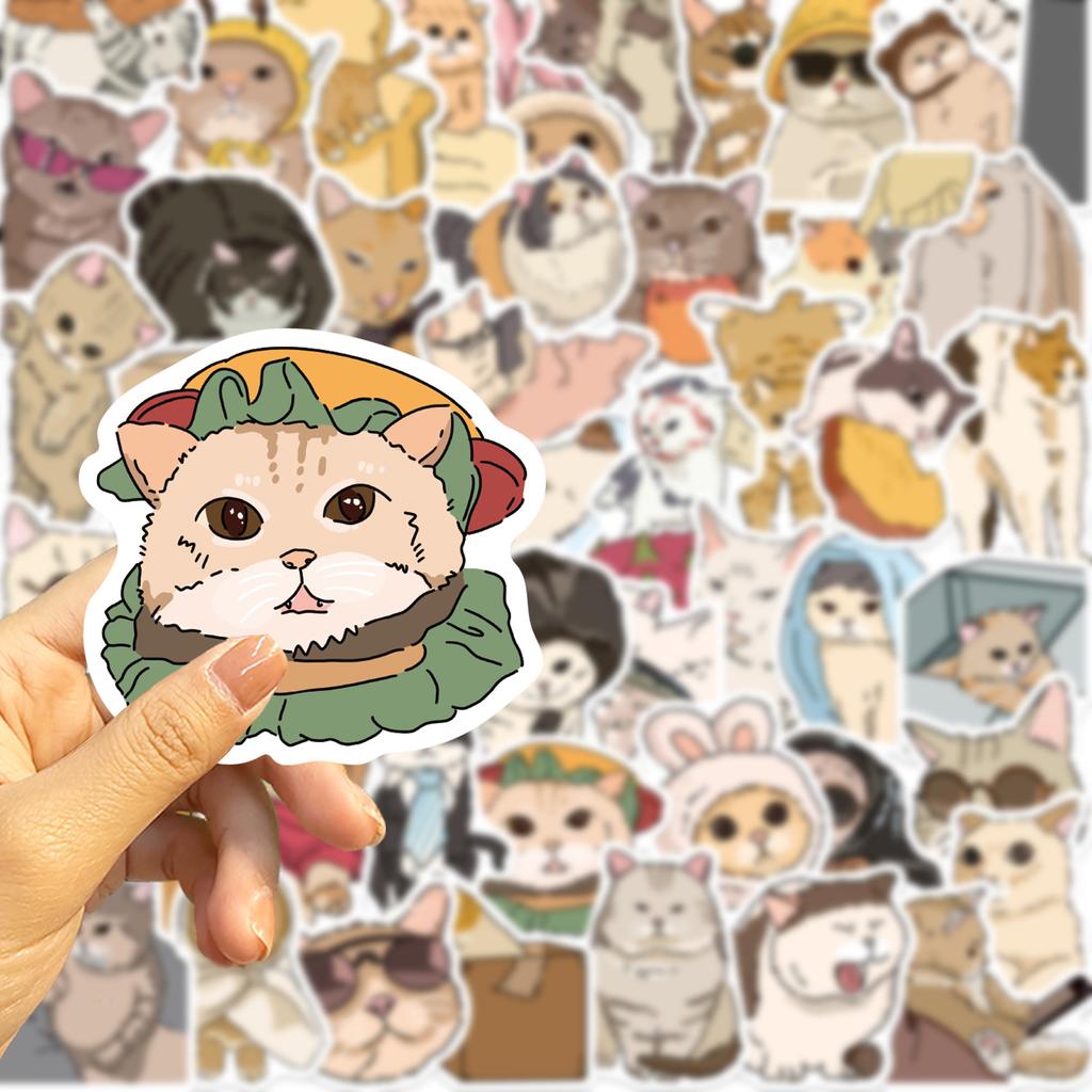 50 Pieces of Hand-drawn Cat Expression Stickers, Waterproof PVC Self-adhesive Stickers for Notebooks and Water Bottles