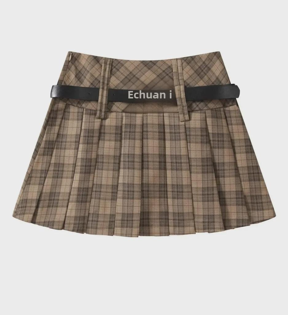 Gonna Midi Plissettata da Donna Autunnale Retro a Quadri a Vita Alta con Shorts Anti-Esposizione