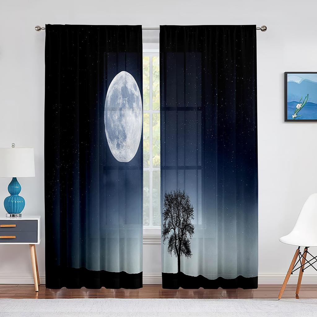 Night Sky Full Moon and Foggy Clouds with Sea Ocean Tulle Curtains for Living Room Bedroom Sheer Voile Kitchen Window Curtain