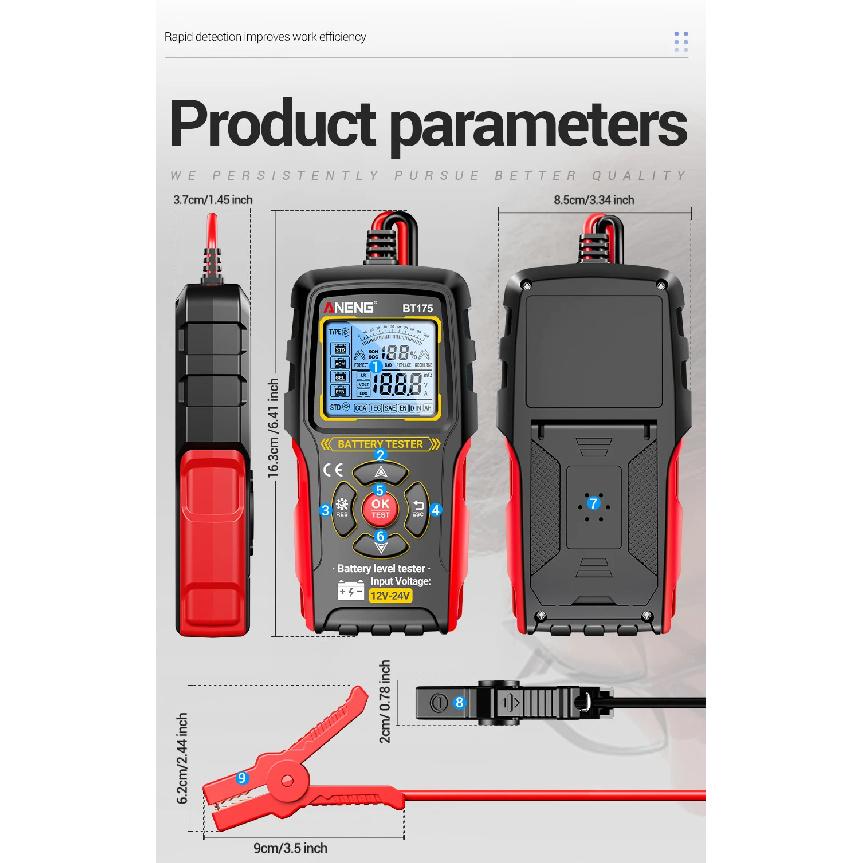 12V 24V Car Lead-Acid Battery Tester Analyzer Auto Load Test ANENG BT175 50~ 1999CCA Charging Circuit Loads Diagnostic Tools
