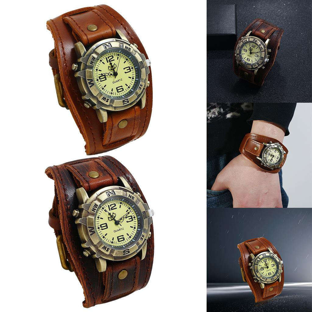 2pcs Wristwatch Male Leather Punk Vintage Style Bracelet