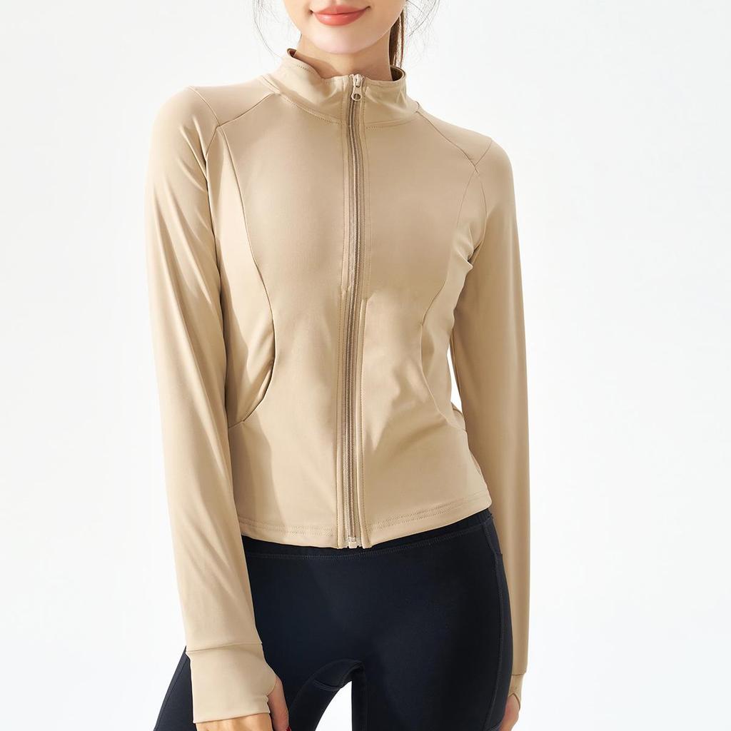 Damska kurtka do jogi szybkoschnąca: Dopasowany kardigan zapinany na zamek ze stójką do biegania i treningu