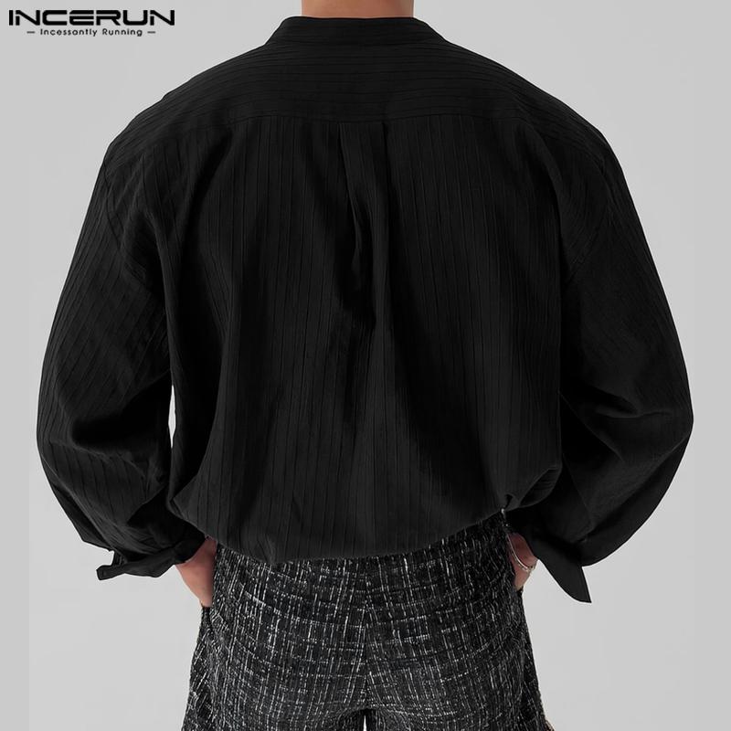 INCERUN Men Collarless Long Sleeve Striped Texture Shirts Casual Tops