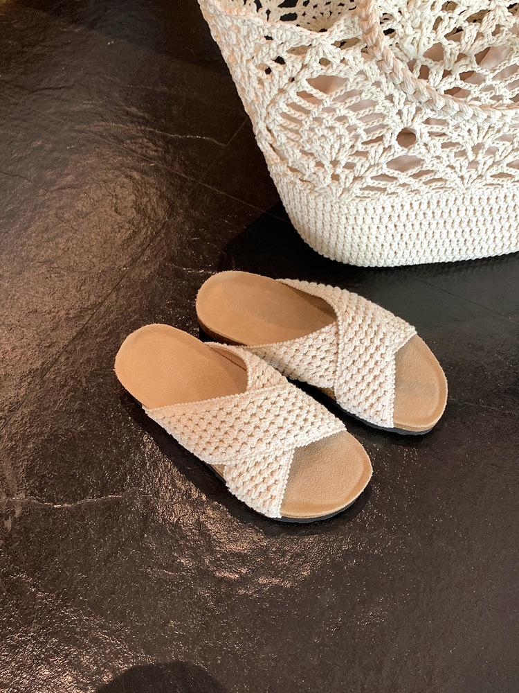 

Версия из овчины~ полые плетеные тапочки женские летние перекрестные широкие прохладные тапочки 35