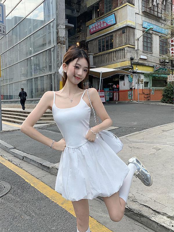 Women's White Ballet Spaghetti Strap Dress with Slimming Waist and Bud Short Skirt - Summer 2026 Collection.