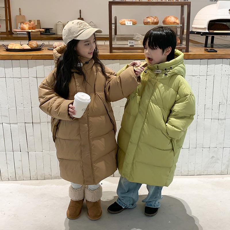 Children's Autumn and Winter Padded Long Over The Knee Solid Colour Jacket with Hood Thickened Warm Outerwear