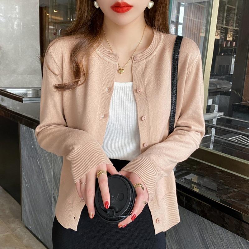 Spring and Autumn Long Sleeved Cardigan Women's Knitted Jacket Fashion Thin Sweater 2025 Elegant O Neck Slim Fit Solid Color New Short Coats Clothing