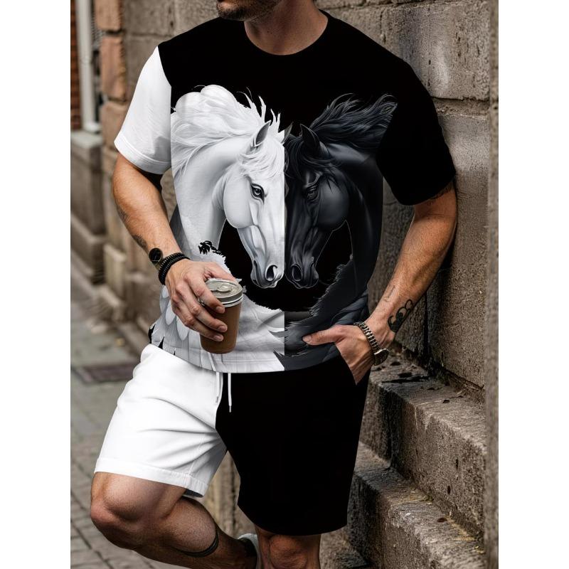 Men's Summer Set Fashion Wolf Print Short Sleeve + Shorts 2 Piece Set Animal Pattern Casual Quick-Dry Men's Summer Sports Set