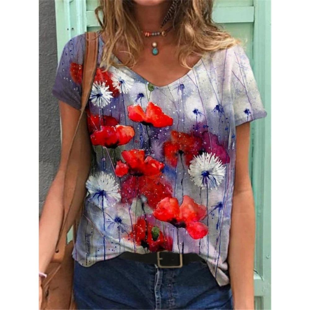 Summer Fashion 3D Floral Print Women's Loose V-neck Short Sleeved T-shirt