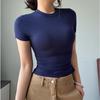 Amoi Women's Solid Color Kardashian Crew Neck Slim-Fit Short Bottom Shirt Basic Short Sleeve Shirt