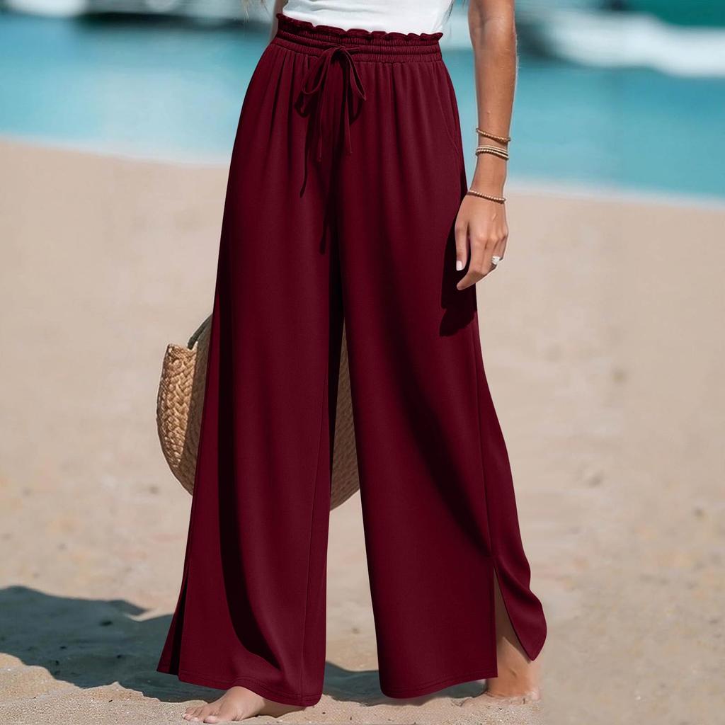 Women Wide Leg Split Pants Drawstring Waist Pockets Casual High Waist Pleated Beach Trousers Lightweight Loose Fit
