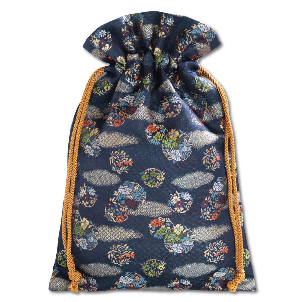 Nishijin-ori Gold Brocade Drawstring Bag (Cloud Wreath (Navy))