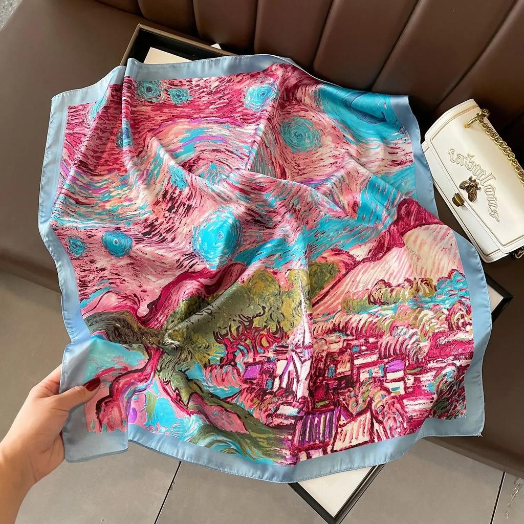 Plaid Silk Square Scarf Women Satin Shawl Wrap Hijab Female Hair Band Wrist Luxury Headkerchief 70*70cm Echarpe  Bandana